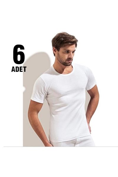 Tutku White Crew Neck Ανδρικό εσώρουχο με ραβδώσεις σετ 6 τεμαχίων