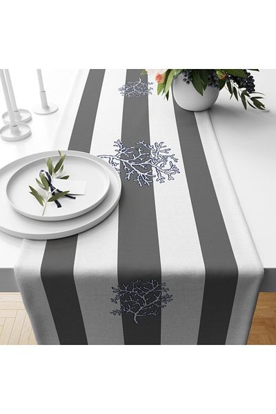 LUX VIE Runner 40*140 Cm Striped Patterned Thick Linen Woven Marine Table Cloth Runner