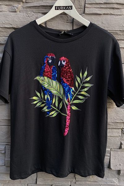 FEMELLE Tricou din bumbac brodat cu paiete și paiete papagal negru