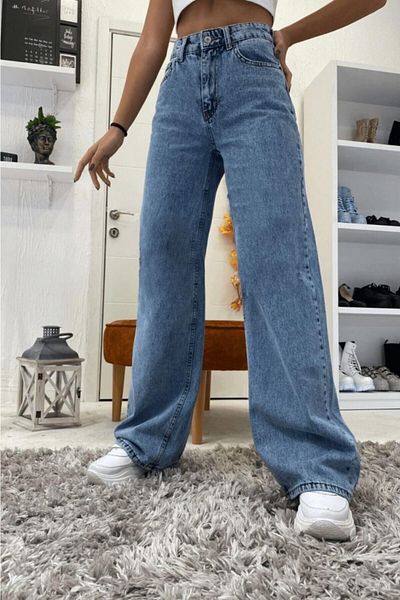 Trn JNS Lycra Blue Snow Wash Blugi largi cu talie super inalta Pantaloni Palazzo. (SUPER ÎNALT) Picior lat