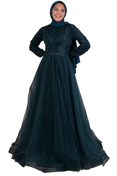 SpringStore Rochie de seara din tul cu hijab cu piatra de smarald brodata