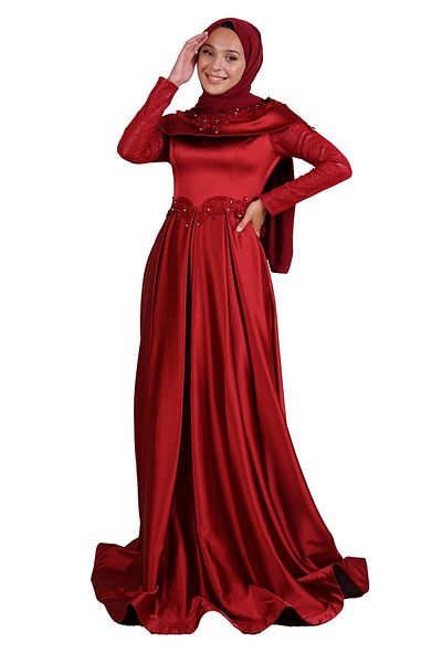 SpringStore Rochie de seara din satin cu detalii de piatra burgundy