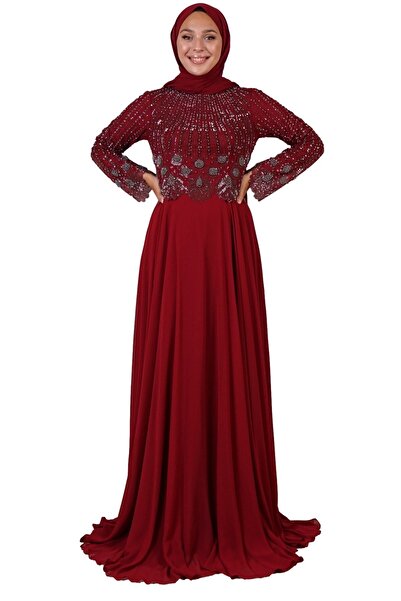 SpringStore Bordo Taş İşlemeli Tesettür Abiye