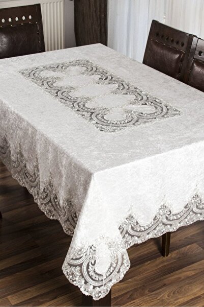 Almila Home مفرش طاولة مخملي كريمي فاخر مقاس 160x220 سم - رباط فرنسي ومقاوم ل...