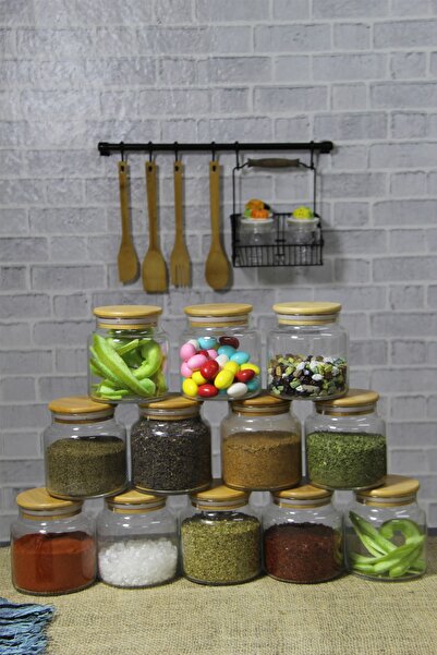 İLİVA Bambu Kapaklı Cam Kavanoz Saklama Kabı Seti 500 ml 12 Li