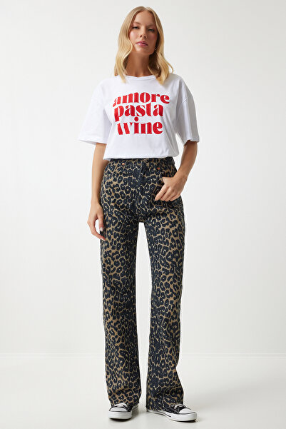 Happiness İstanbul Černé hnědé dámské rovné džíny s leopardím vzorem - UT00012