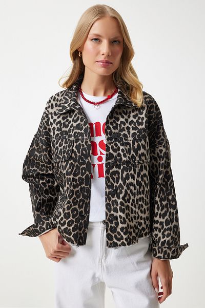 Happiness İstanbul Dunkelbeige-schwarze Jeansjacke mit Leopardenmuster für Damen - VC00007