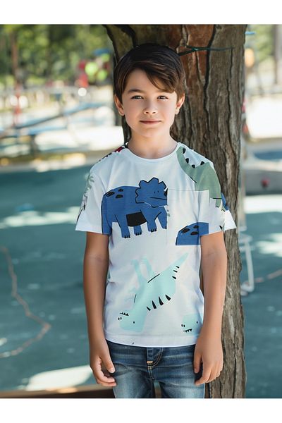 TRENDYOLKIDS Βαμβακερό μπλουζάκι με μοτίβο δεινοσαύρων για αγόρια - κοντομάνικο TKDSS24TS00015