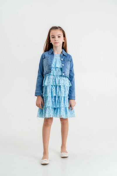 TRENDYOLKIDS Sada džínové bundy a volánových šatů - Modrá dívčí TKDSS24EL00012