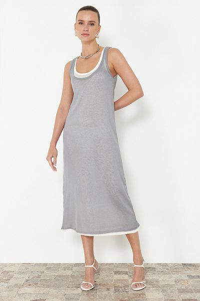 Trendyol Collection Szürke, egyenes Shift kétrétegű egylapos maxi ruha TWOSS24EL00969