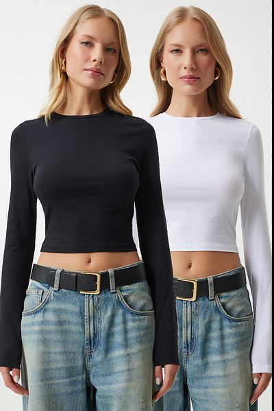 Happiness İstanbul Γυναικεία ασπρόμαυρη πλεκτή μπλούζα Crow Basic 2-pack Crop OW00035