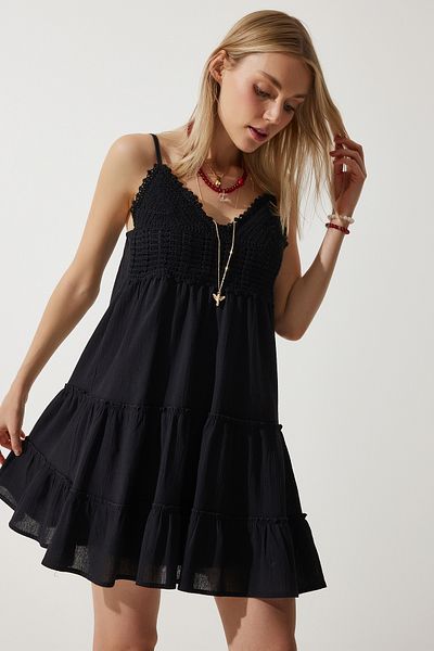 Happiness İstanbul Black Laced Mini Summer Dress - Strappy Flared RV00192