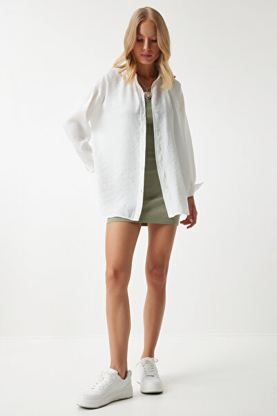 Happiness İstanbul Ecru plátěná oversize košile - dlouhá Ayrobin TO00141
