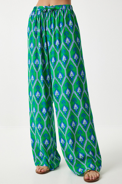 Happiness İstanbul Zelenomodré vzorované viskózové dámské kalhoty Palazzo - EN00606
