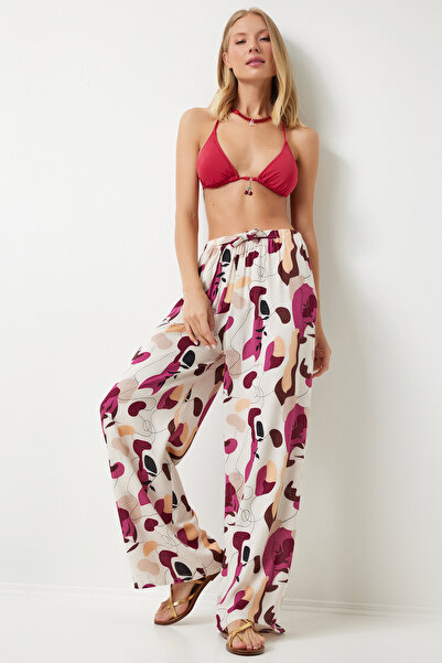 Happiness İstanbul Γυναικείο παντελόνι Palazzo με μοτίβο από δαμάσκηνο με ντραπέ βισκόζη EN00606