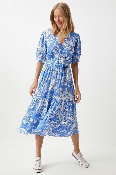 Happiness İstanbul Blaues Sommerkleid aus Viskose mit Wickelkragen und Blumenmuster - RV00128