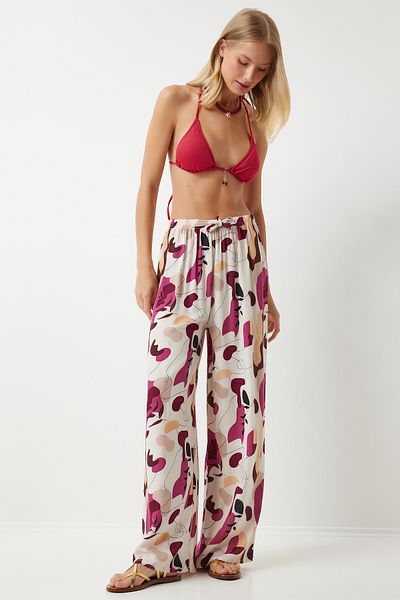 Happiness İstanbul Cremefarbene, pflaumenfarbene, drapierte Palazzo-Hose aus Viskose für Damen EN00606
