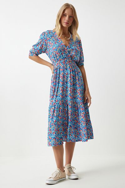 Happiness İstanbul Rosa-blaues Sommerkleid aus Viskose mit Blumenmuster und Wickelkragen RV00128