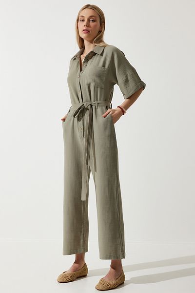 Happiness İstanbul Khakifarbener Jumpsuit aus hochwertigem Musselin – mit Gürtel, Damen, RG00029