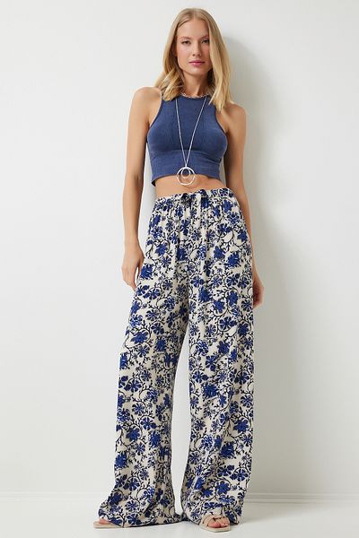 Happiness İstanbul Women's Cream Blue Patterned Flowy Viscose Palazzo Trousers EN00606