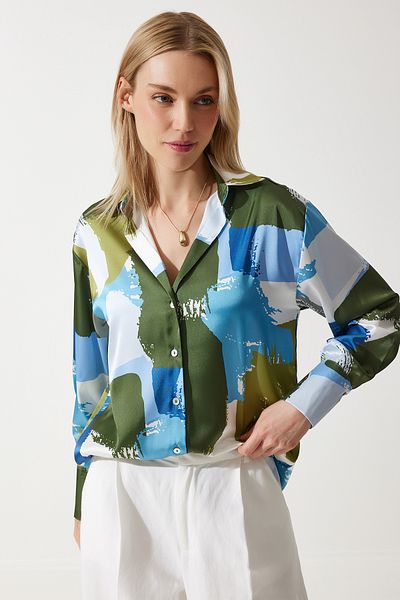 Happiness İstanbul Kék zöld mintás oversize szatén női ing - SV00012