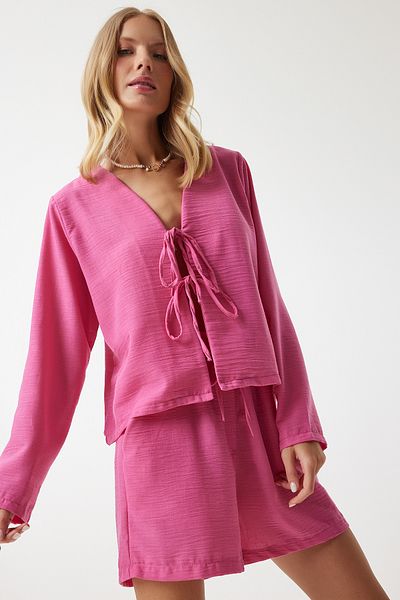 Happiness İstanbul Dunkelrosa Leinenbluse und Shorts-Set – Ayrobin-Schleifendetail UL00023