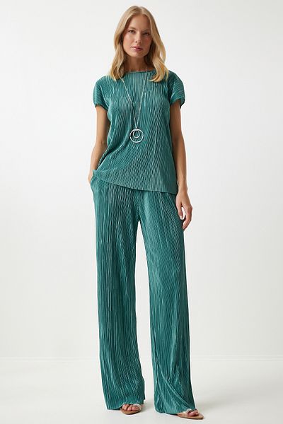 Happiness İstanbul Bequemes, grünes Plissee-Set aus Bluse und Hose für Damen - MC00283