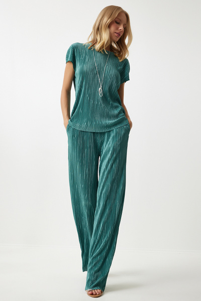 Happiness İstanbul Green Pleated Comfortable Women's Blouse and Trousers Set - MC00283