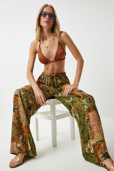 Happiness İstanbul Tile Khaki Patterned Viscose Palazzo Women's Trousers - EN00606