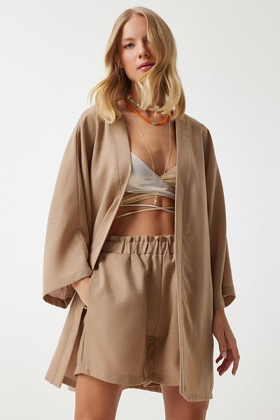 Happiness İstanbul Kamelfarbenes Set aus Kimono und Shorts - Summer Ayrobin WF00074
