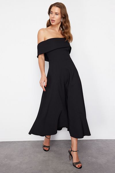 Trendyol Collection Rochie de seară neagră, țesută, cu croială în formă de A - Detaliat la guler TPRSS24EL00210
