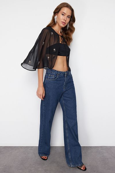 Trendyol Collection Chiffon Cape Blouse - Black Stone Detail, Woven TPRSS24BZ00036