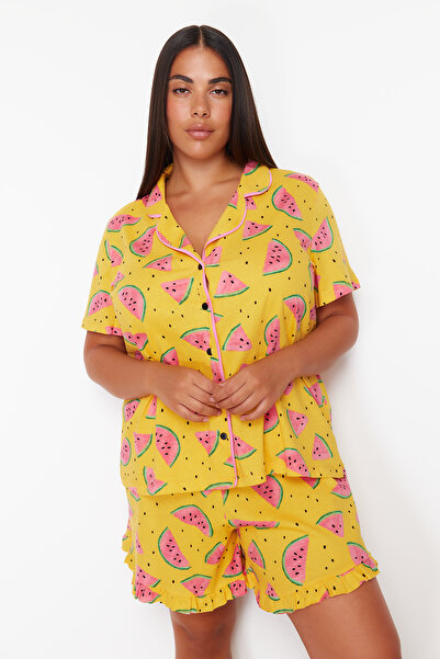 Trendyol Curve Light Orange Watermelon Patterned Shirt Collar Knitted Pajamas Set TBBSS24AI00111