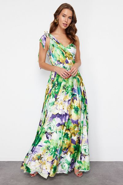 Trendyol Collection Egyujjú zöld-többszínű virágmintás hosszú estélyi ruha - TPRSS24AE00245