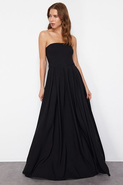 Trendyol Collection Στράπλες Μαύρο Μακρύ Βραδινό Φόρεμα - Πλεκτό Φόρεμα A-Cut TPRSS24AE00180