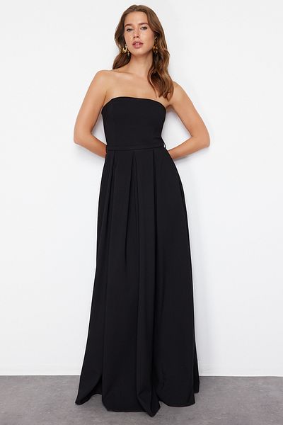 Trendyol Collection Στράπλες Μαύρο Μακρύ Βραδινό Φόρεμα - Πλεκτό Φόρεμα A-Cut TPRSS24AE00180