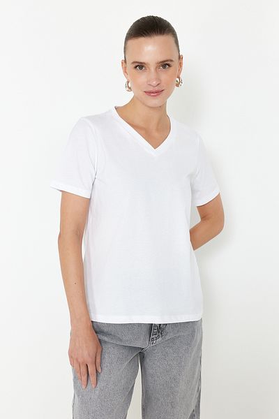 Trendyol Collection Purple-White 100% Cotton 2-Pack Basic V-Neck Knitted T-Shirt TWOSS23TS00002