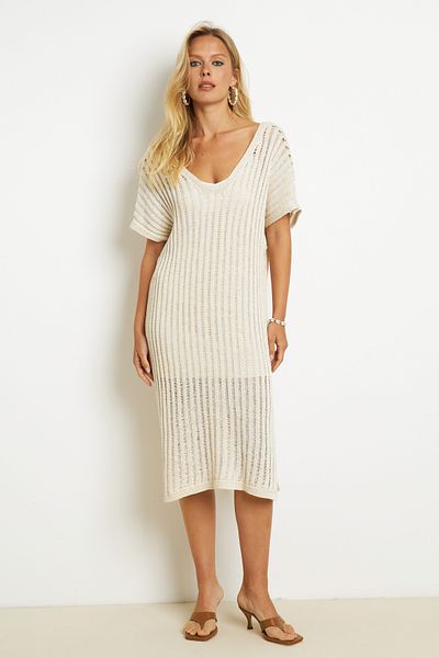 Cool & Sexy Ecru Glitter Knitwear Midi Women's Dress - Lined ET04