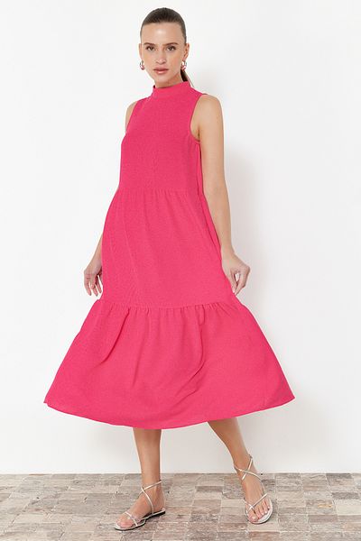 Trendyol Collection Φούξια Claret Κόκκινο ίσιο γιακά με υφαντό φόρεμα Midi Aerobin TWOSS20EL1864