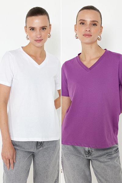 Trendyol Collection Purple-White 100% Cotton 2-Pack Basic V-Neck Knitted T-Shirt TWOSS23TS00002