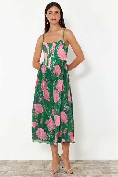 Trendyol Collection Rochie de seara eleganta cu detaliu din tul verde si multicolor - TPRSS24EL00041