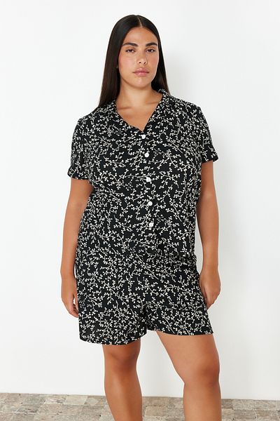Trendyol Curve Black Knitted Pajamas Set - Shirt Collar, Floral Pattern TBBSS24AI00136