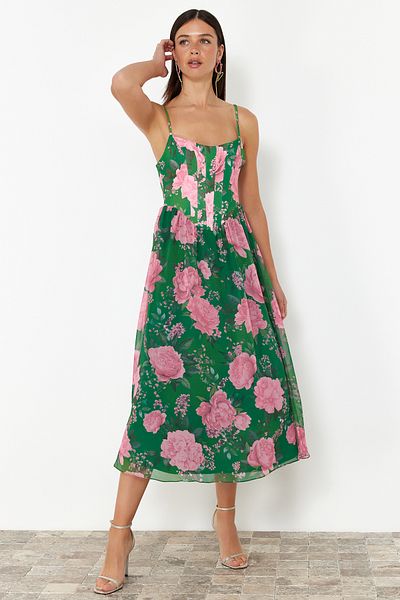 Trendyol Collection Rochie de seara eleganta cu detaliu din tul verde si multicolor - TPRSS24EL00041
