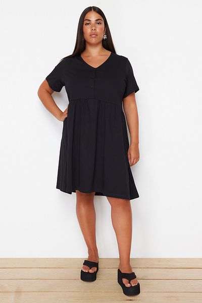 Trendyol Curve Black Mini Knitted Dress - 100% Cotton, Drawstring Detail, Sustainable TBBSS24AH00167