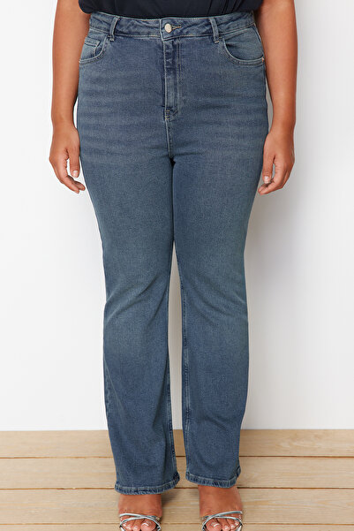 Trendyol Curve Blugi albaștri cu talie înaltă, confort spaniol, cu picior evazat TBBSS24CJ00046