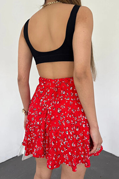 A&O Style Fusta scurtă de vară din țesătură roșie din viscoză cu modele florale