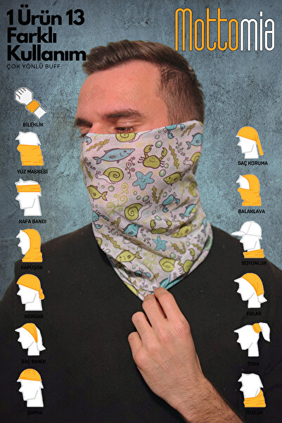mottomia Balık Desenli Unisex Viskon Kumaş Premium Kalite Buff (Baf) Boyunluk Motorcu Bandana
