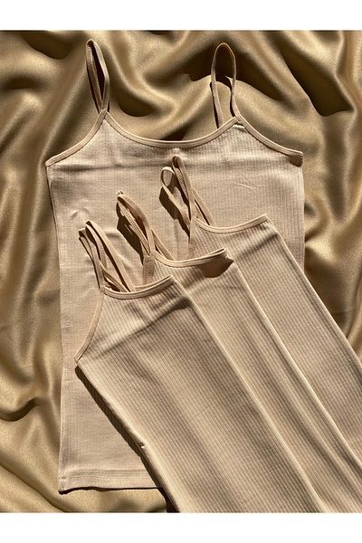 MODALİNOSA Corded Cotton Lycra Women's Tank Top - Oval Collar, 4-Piece Skin Color, Rope Strap