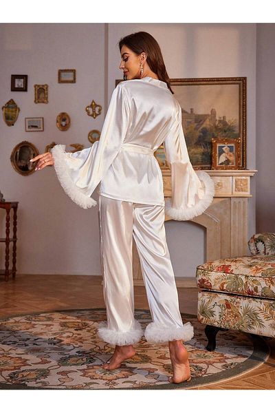 lousa Set de pijamale din satin mătăsos cu detaliu din tul stratificat - picior de braț
