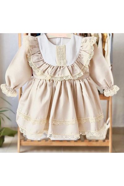 Little Coco Beige Vintage Satin Dress - 100% Cotton, Lining for Special Day Birthday